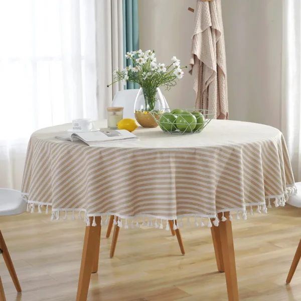 nappe ronde coton et lin beige rayée