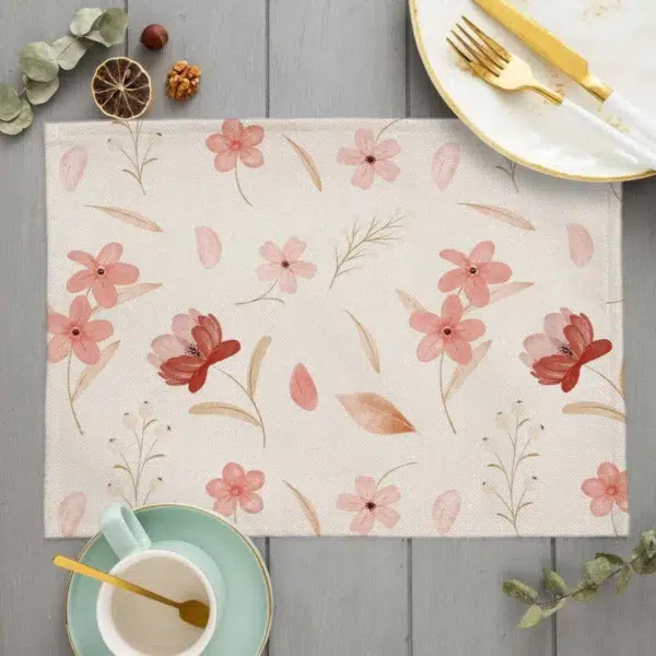 SET A TABLE rectangulaire en lin et coton motif fleurs rose
