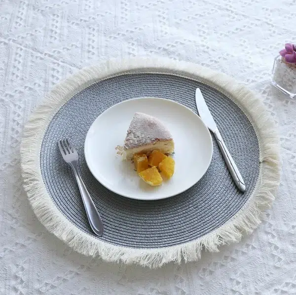 set de table rond tissé gris/blanc