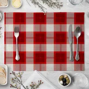Set de table rectangulaire carreaux rouges et blancs en lin